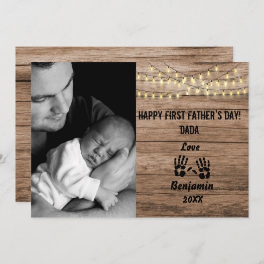 Rustic Wood First Vaderdag Custom Photo Holida Feestdagenkaart (Voorkant / Achterkant)