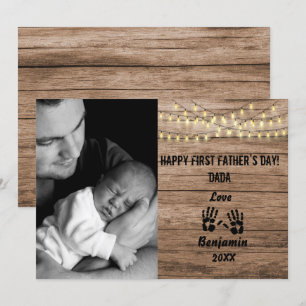 Rustic Wood First Vaderdag Custom Photo Holida Feestdagenkaart