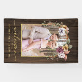 Rustic Wood Floral Arch Foto Weddenschap Welkom Spandoek (Horizontaal)