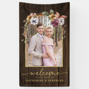 Rustic Wood Floral Arch Foto Weddenschap Welkom Spandoek