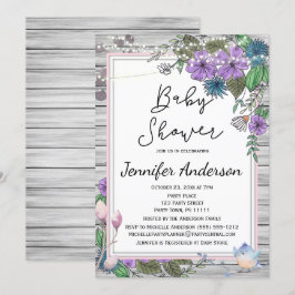 Rustic Wood Floral Birds Lights Baby shower Kaart