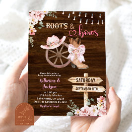 Rustic Wood Floral Boots and Bows Baby Shower Kaart