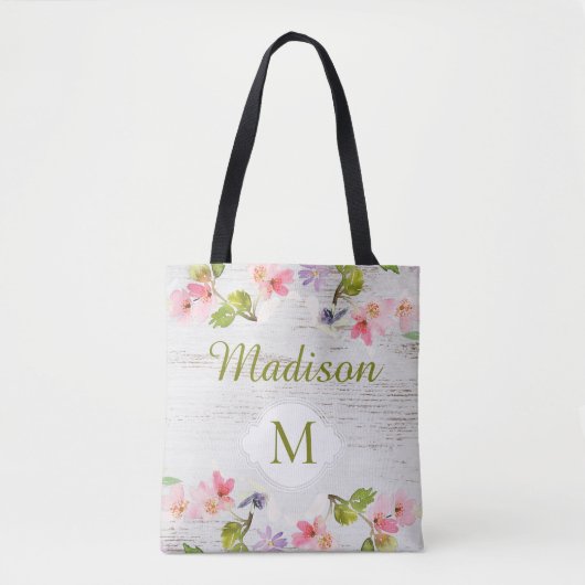 Rustic Wood Floral Bridesmaid Trendy Monogram Tote Bag (Voorkant)