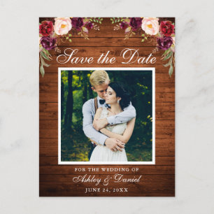 Rustic Wood Floral Burgundy Save the Date Photo Aankondigingskaart