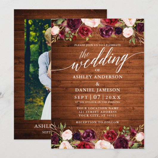 Rustic Wood Floral Calligraphy Photo Wedding Kaart (Voorkant / Achterkant)