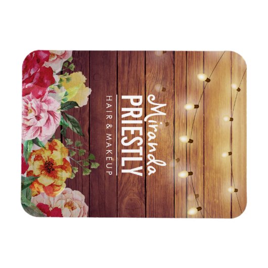 Rustic Wood Floral Chic String Lights Makeup Salon Magneet (Horizontaal)