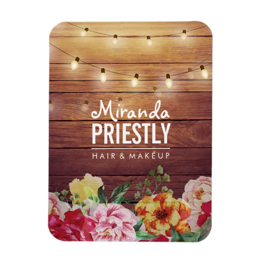 Rustic Wood Floral Chic String Lights Makeup Salon Magneet (Verticaal)