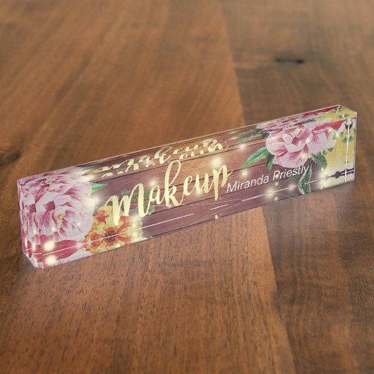 Rustic Wood Floral Chic String Lights Makeup Salon Naambordje (Zijkant)