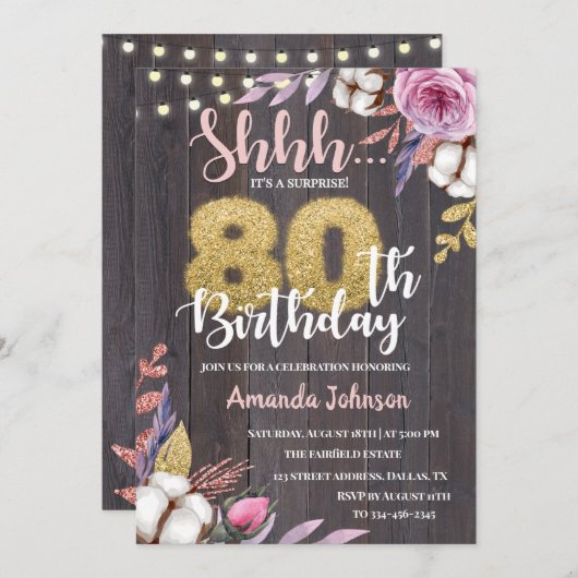Rustic Wood Floral Cotton 80th Birthday Invitation Kaart (Voorkant / Achterkant)