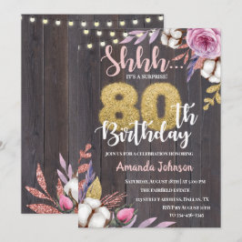 Rustic Wood Floral Cotton 80th Birthday Invitation Kaart