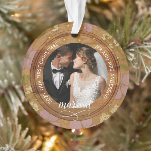 Rustic Wood Floral Couples First Christmas married Ornament (Boom)