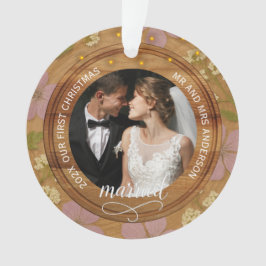 Rustic Wood Floral Couples First Christmas married Ornament
