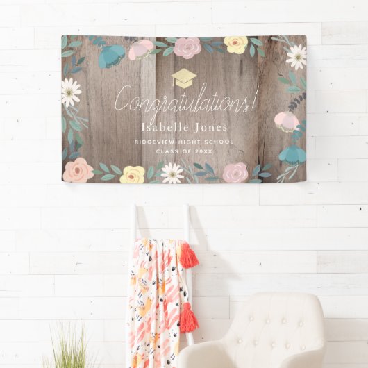 Rustic Wood Floral Garden Afstuderen Spandoek (Insitu)
