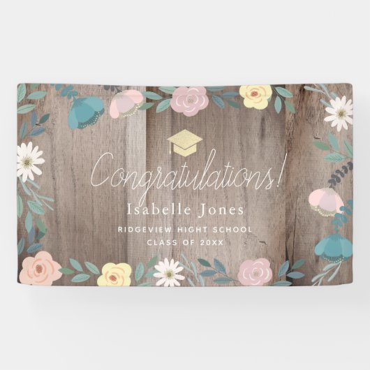 Rustic Wood Floral Garden Afstuderen Spandoek (Horizontaal)