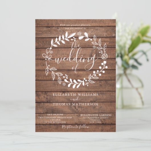 Rustic Wood Floral Garland Wedding Kaart (Staand voorkant)