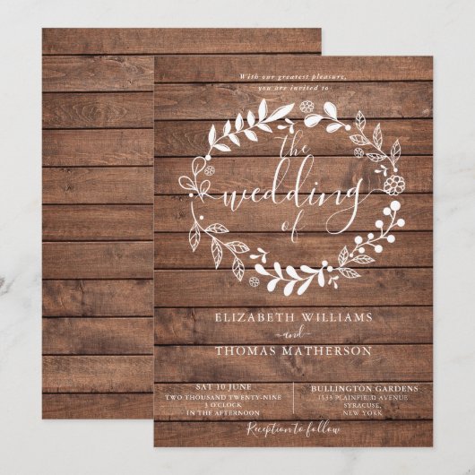 Rustic Wood Floral Garland Wedding Kaart (Voorkant / Achterkant)