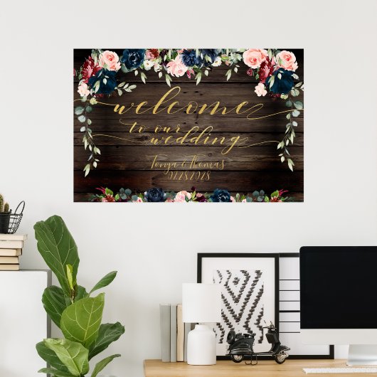 Rustic Wood Floral Gold Fancy kalligrafie Welkom Poster (Thuiskantoor)