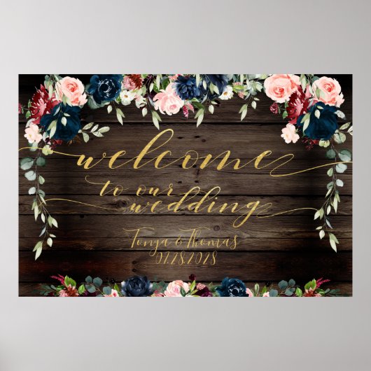 Rustic Wood Floral Gold Fancy kalligrafie Welkom Poster (Voorkant)
