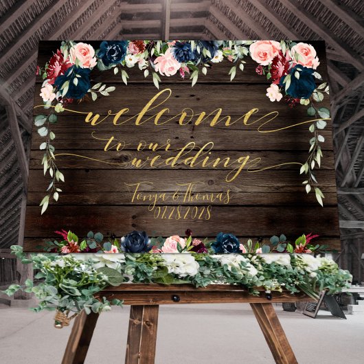 Rustic Wood Floral Gold Fancy kalligrafie Welkom Poster