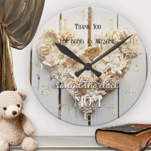 Rustic Wood Floral Heart Mam Ronde Klok