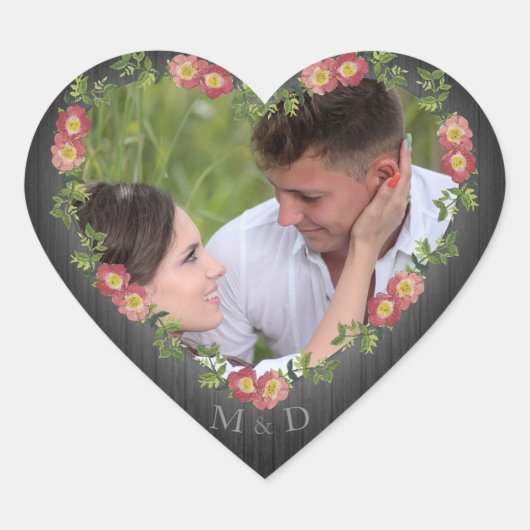 Rustic Wood Floral Heart Photo Heart Hart Sticker (Voorkant)
