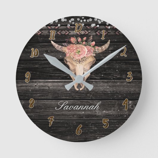 Rustic Wood Floral Koe Skull Horns Ronde Klok (Voorkant)