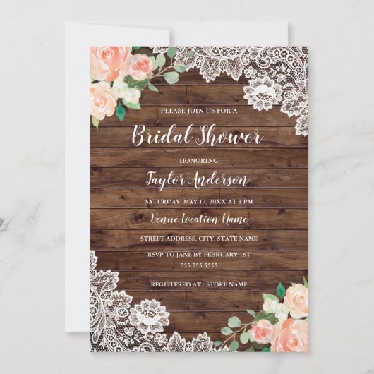 Rustic Wood Floral Lace Bridal Shower Kaart (Voorkant)