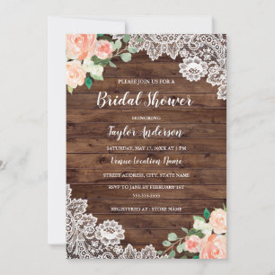 Rustic Wood Floral Lace Bridal Shower Kaart