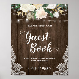 Rustic Wood Floral Lace Guestbook Wedding Sign Poster
