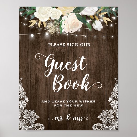Rustic Wood Floral Lace Guestbook Wedding Sign Poster (Voorkant)