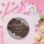 Rustic Wood Floral Lace String Lights Wedding Papieren Bordje (Feest)