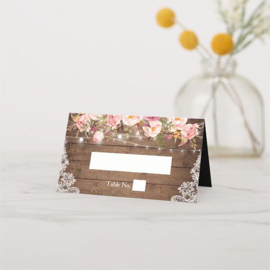 Rustic Wood Floral Lace String Lights Wedding Plaatskaartje (Voorkant)
