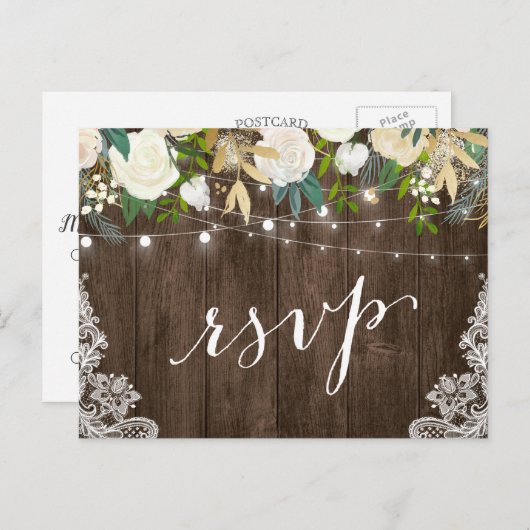Rustic Wood Floral Lace String Lights Wedding RSVP Uitnodiging Briefkaart (Voorkant / Achterkant)