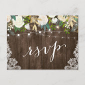 Rustic Wood Floral Lace String Lights Wedding RSVP Uitnodiging Briefkaart (Voorkant)