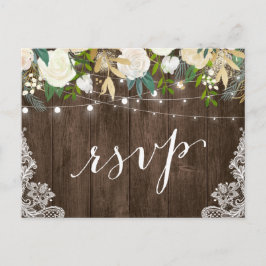 Rustic Wood Floral Lace String Lights Wedding RSVP Uitnodiging Briefkaart