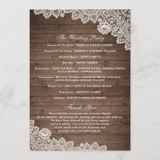 Rustic Wood Floral Lace Wedding Programme Programmakaart (Achterkant)