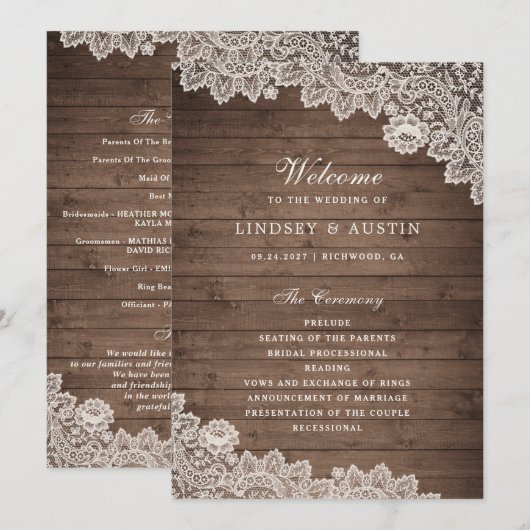 Rustic Wood Floral Lace Wedding Programme Programmakaart (Voorkant / Achterkant)