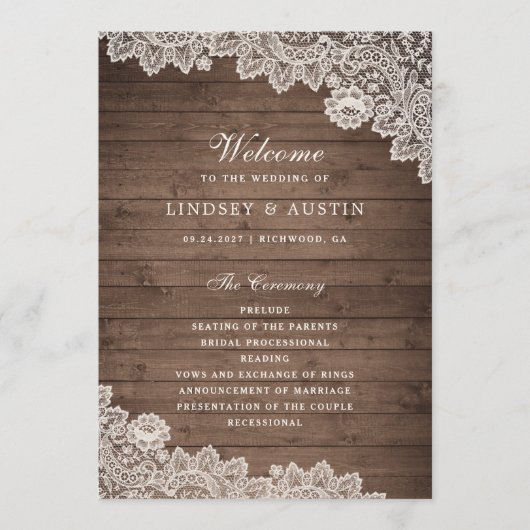 Rustic Wood Floral Lace Wedding Programme Programmakaart (Voorkant)