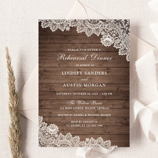 Rustic Wood Floral Lace Wedding Rehearsal Dinner Kaart