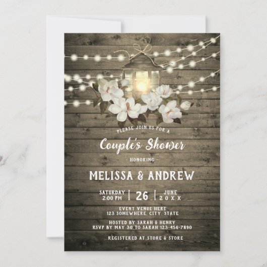 Rustic Wood Floral Lantern Lights Couple's Shower Kaart (Voorkant)