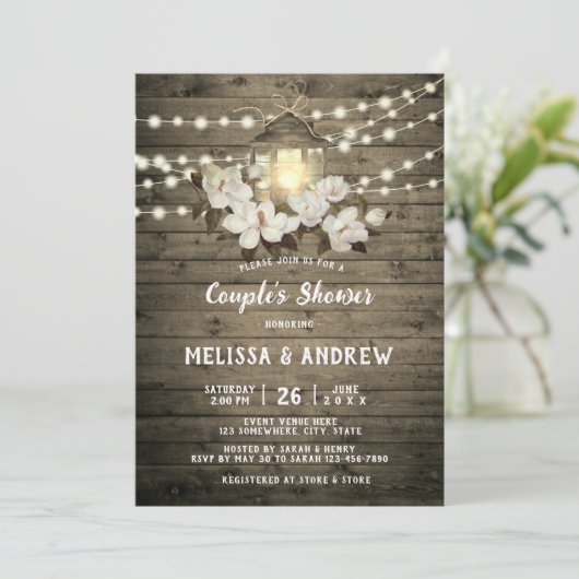 Rustic Wood Floral Lantern Lights Couple's Shower Kaart (Staand voorkant)