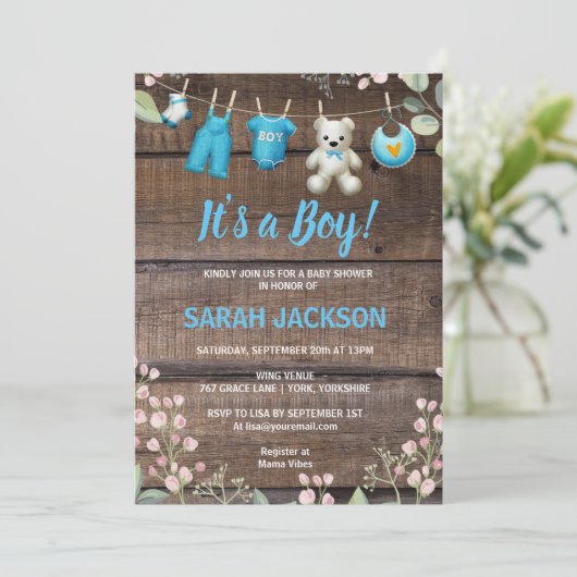 Rustic Wood Floral Laundry Het is een Jongen Baby  Kaart (Staand voorkant)