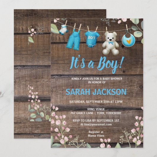 Rustic Wood Floral Laundry Het is een Jongen Baby  Kaart (Voorkant / Achterkant)