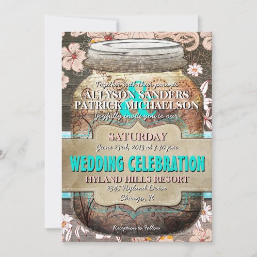 Rustic Wood & Floral Mason Jar Wedding Invitation Kaart (Voorkant)