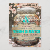 Rustic Wood & Floral Mason Jar Wedding Invitation Kaart (Voorkant / Achterkant)