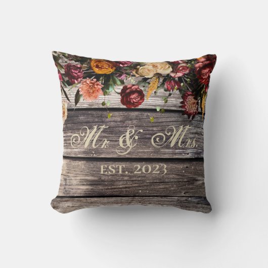 Rustic Wood Floral Mr & Mrs Wedding Keepslag Kussen (Voorkant)