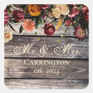 Rustic Wood Floral Mr & Mrs Wedding Vierkante Sticker