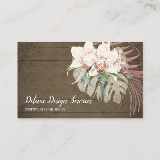 Rustic Wood Floral Orchid Elegant Foliage Greenery Visitekaartje (Voorkant)