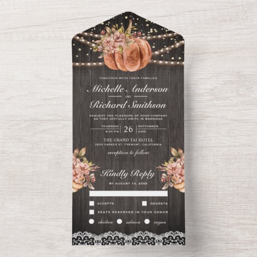 Rustic Wood Floral Pumpkin herfst bruiloft All In One Uitnodiging (Binnen)