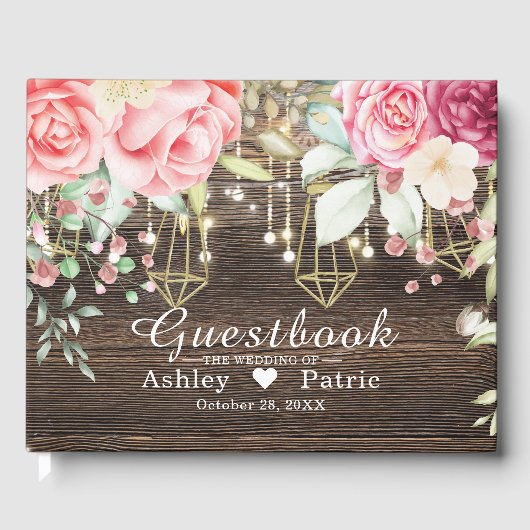 Rustic Wood Floral String-lampjes Weddenschap Gastenboek (Voorkant)